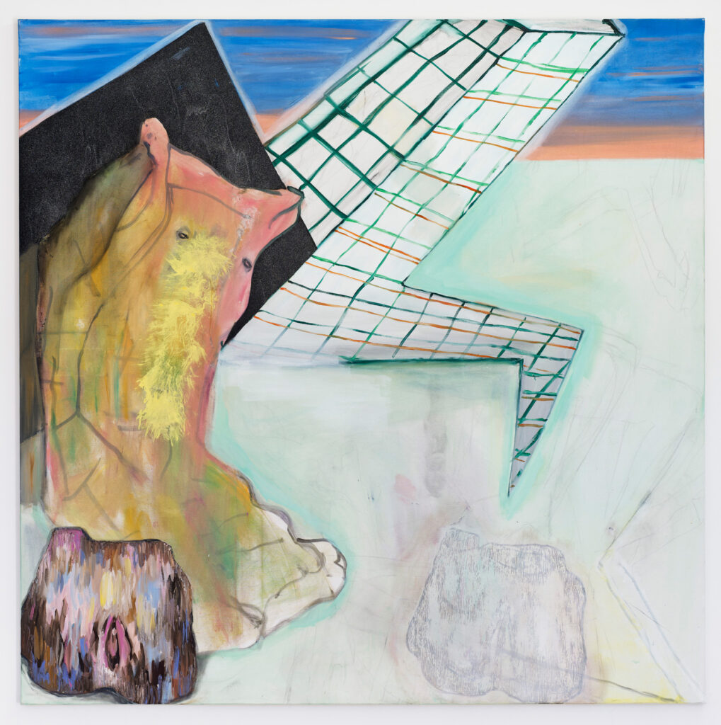 <i>Berchus, déclans et foncedés</i>, 2024, huile sur toile, 170×170cm, <i>Le turfu me fout la neuneu</i>, exposition de Florence Reymond à L’Assaut de la menuiserie du 21 mars au 4 mai 2024. Photo © Cyrille Cauvet