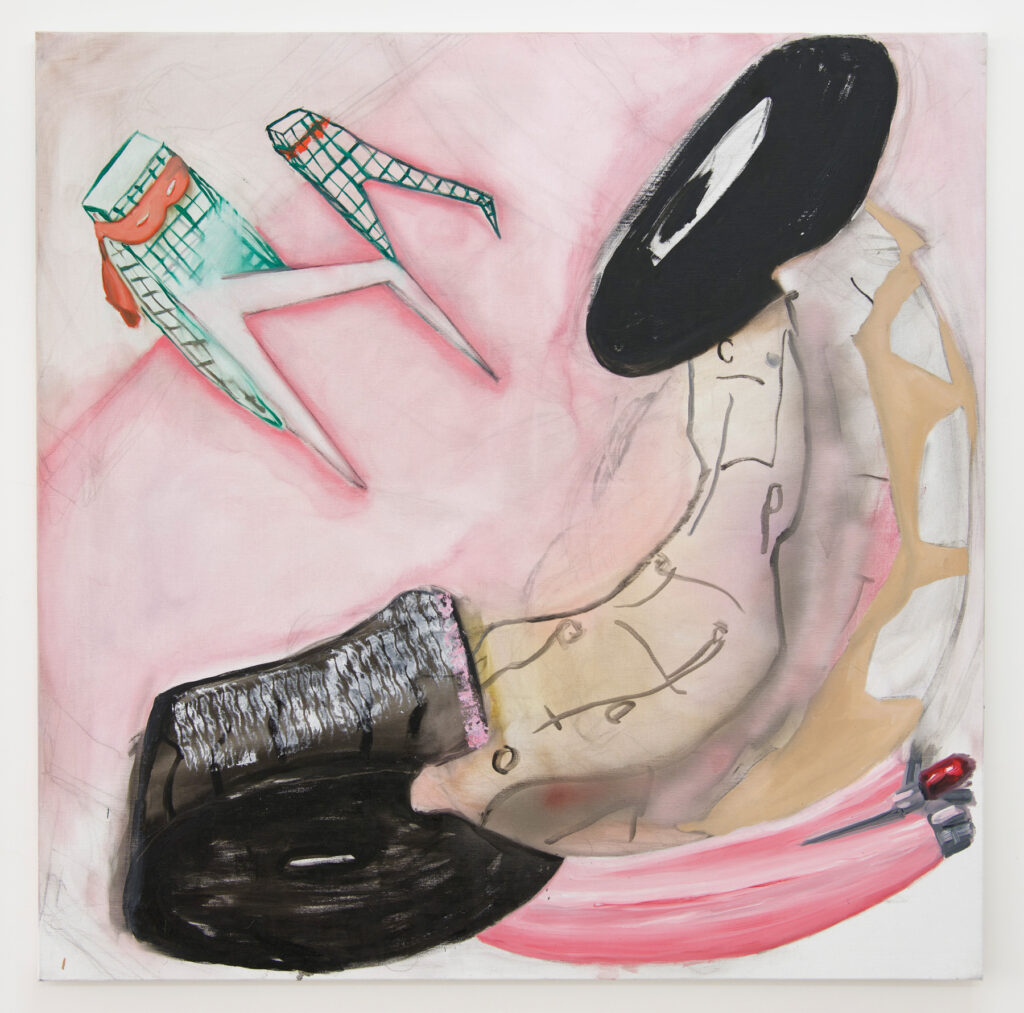 <i>Faire quiner les pneus</i>, 2024, huile sur toile, 120×120cm, <i>Le turfu me fout la neuneu</i>, exposition de Florence Reymond à L’Assaut de la menuiserie du 21 mars au 4 mai 2024. Photo © Cyrille Cauvet